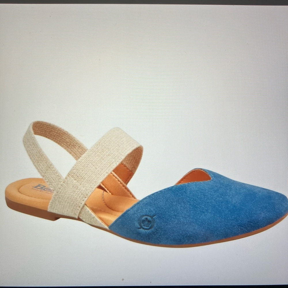 Born Blue Suede Slingback Flats with Cream Elastic Strap